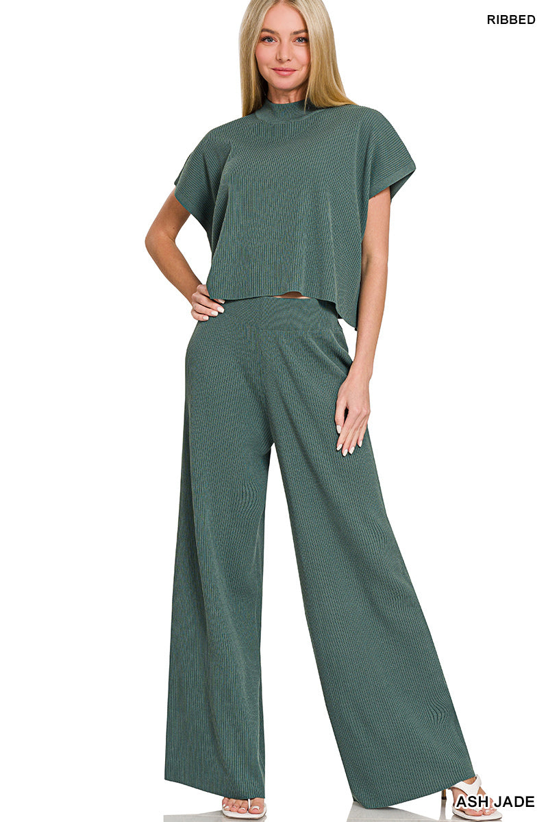 Womens Zenana Ash Jade Viscose Sweater Short Sleeve Top & Pants 2pc Set