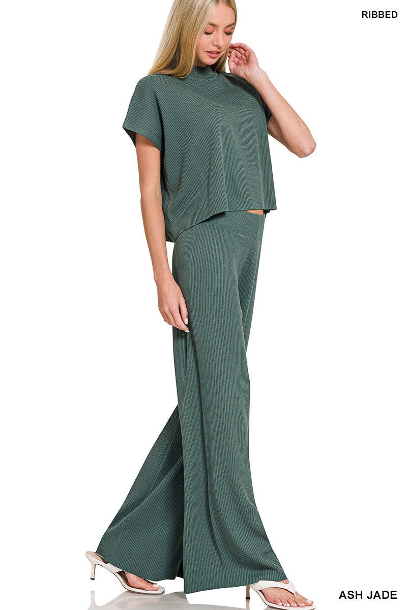 Womens Zenana Ash Jade Viscose Sweater Short Sleeve Top & Pants 2pc Set