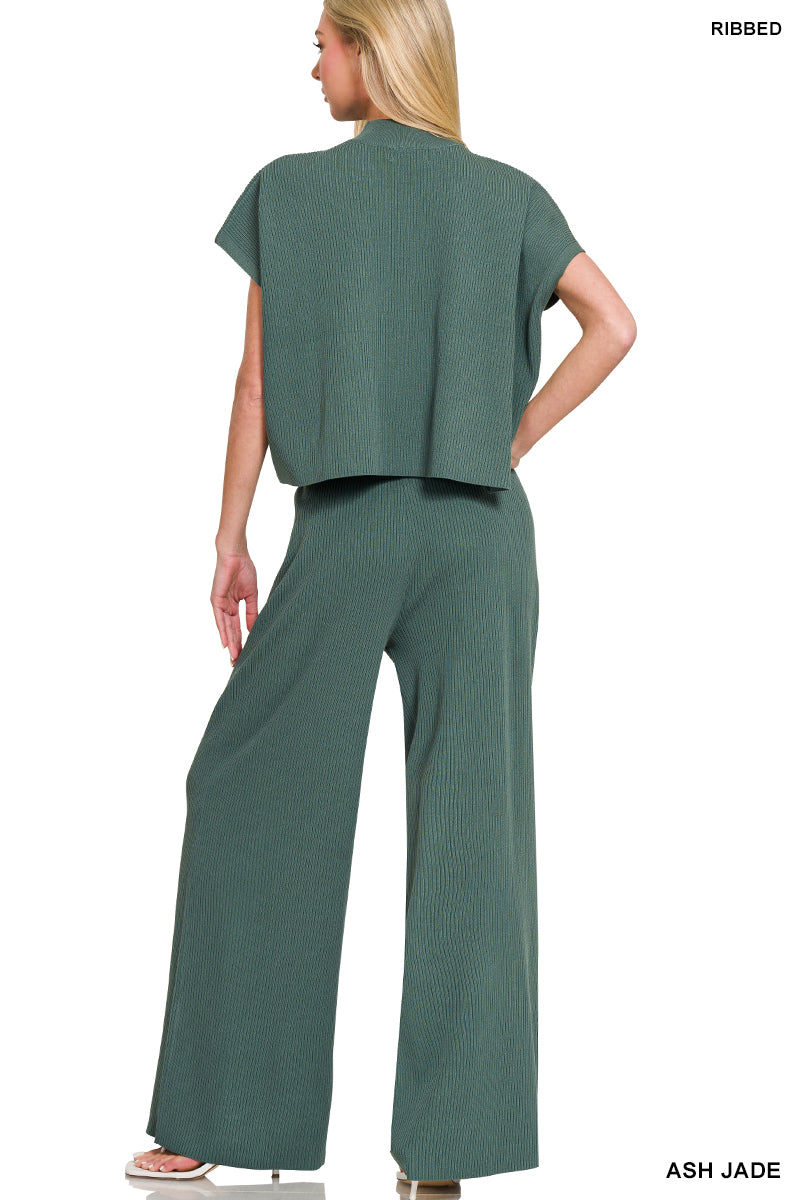Womens Zenana Ash Jade Viscose Sweater Short Sleeve Top & Pants 2pc Set