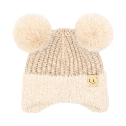 C.C Baby Fur Earflap Double Pom Beanie Beige