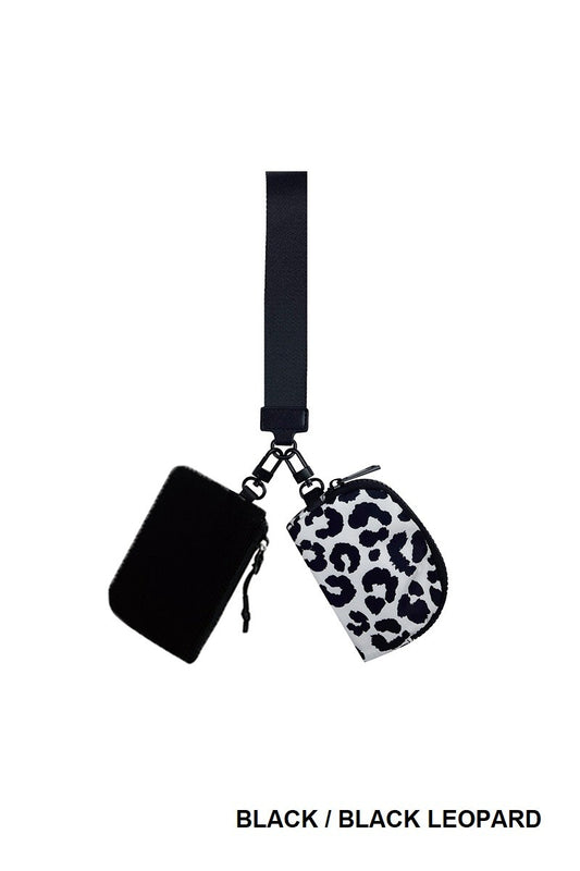 Zenana Black/Black Leopard Dual Pouch Wristlet Keychain Wallet