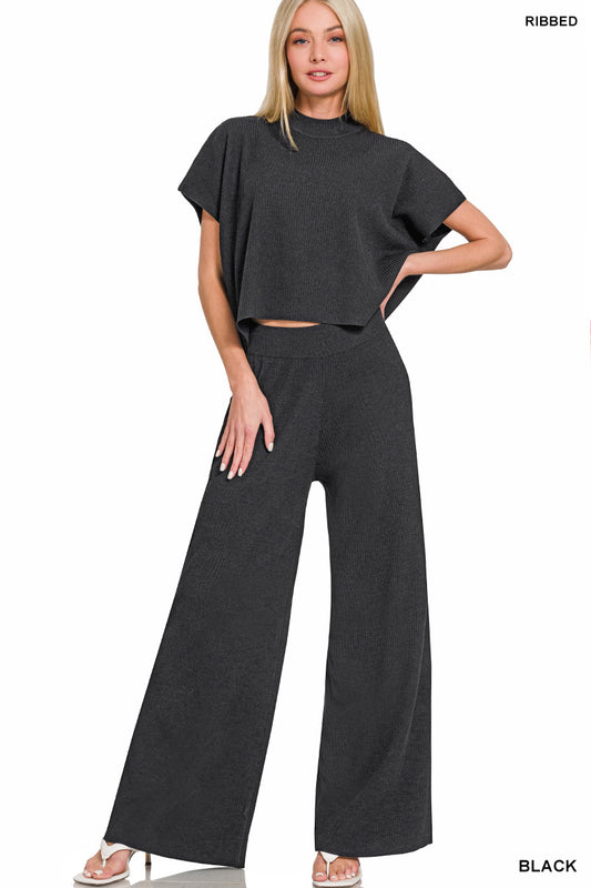 Womens Zenana Black Viscose Sweater Short Sleeve Top & Pants 2pc Set