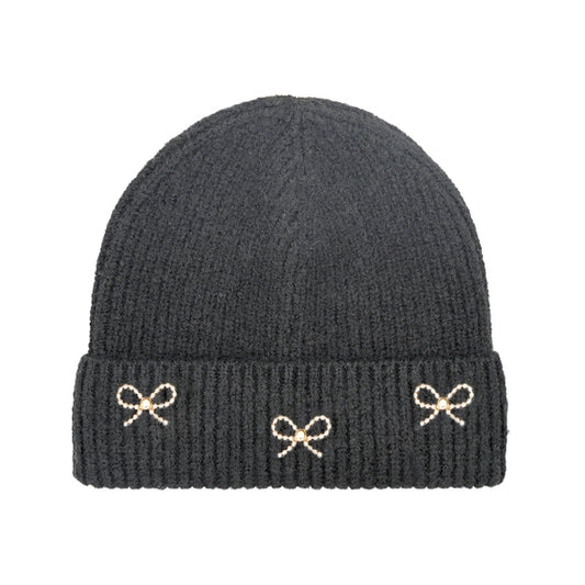 C.C Kids Pearl Bow Embellished Cuff Beanie Black