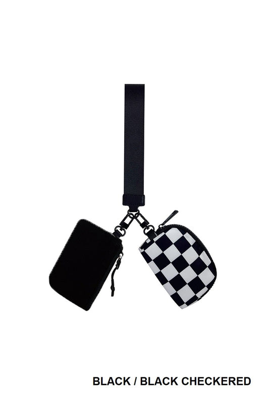 Zenana Black/Checkered Dual Pouch Wristlet Keychain Wallet