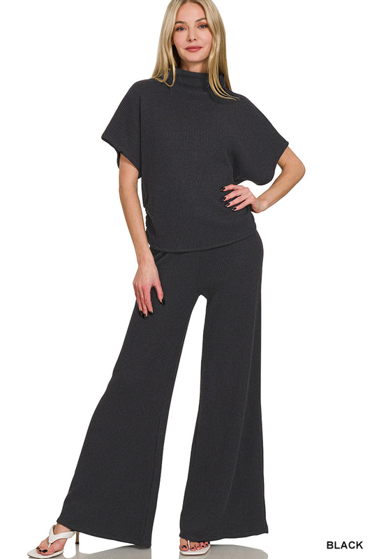 Womens Zenana Black Sweater Mock Neck Short Sleeve Top & Long Pants Set