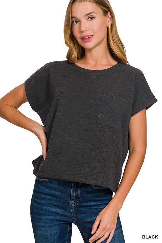 Womens Zenana Black Slub Relaxed Crop Top