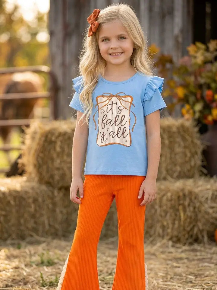 Girls Fall Y'all Blue Ruffle Top and Orange Pants with Ivory Lace Hem