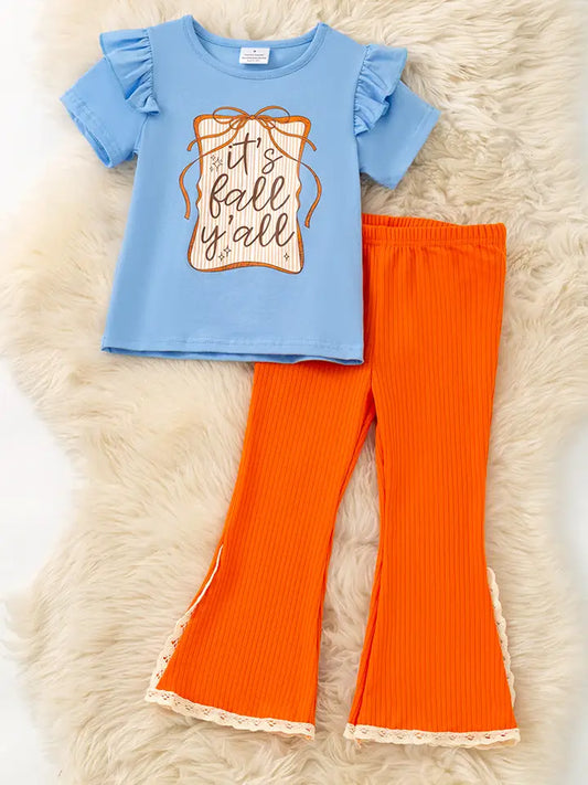 Girls Fall Y'all Blue Ruffle Top and Orange Pants with Ivory Lace Hem