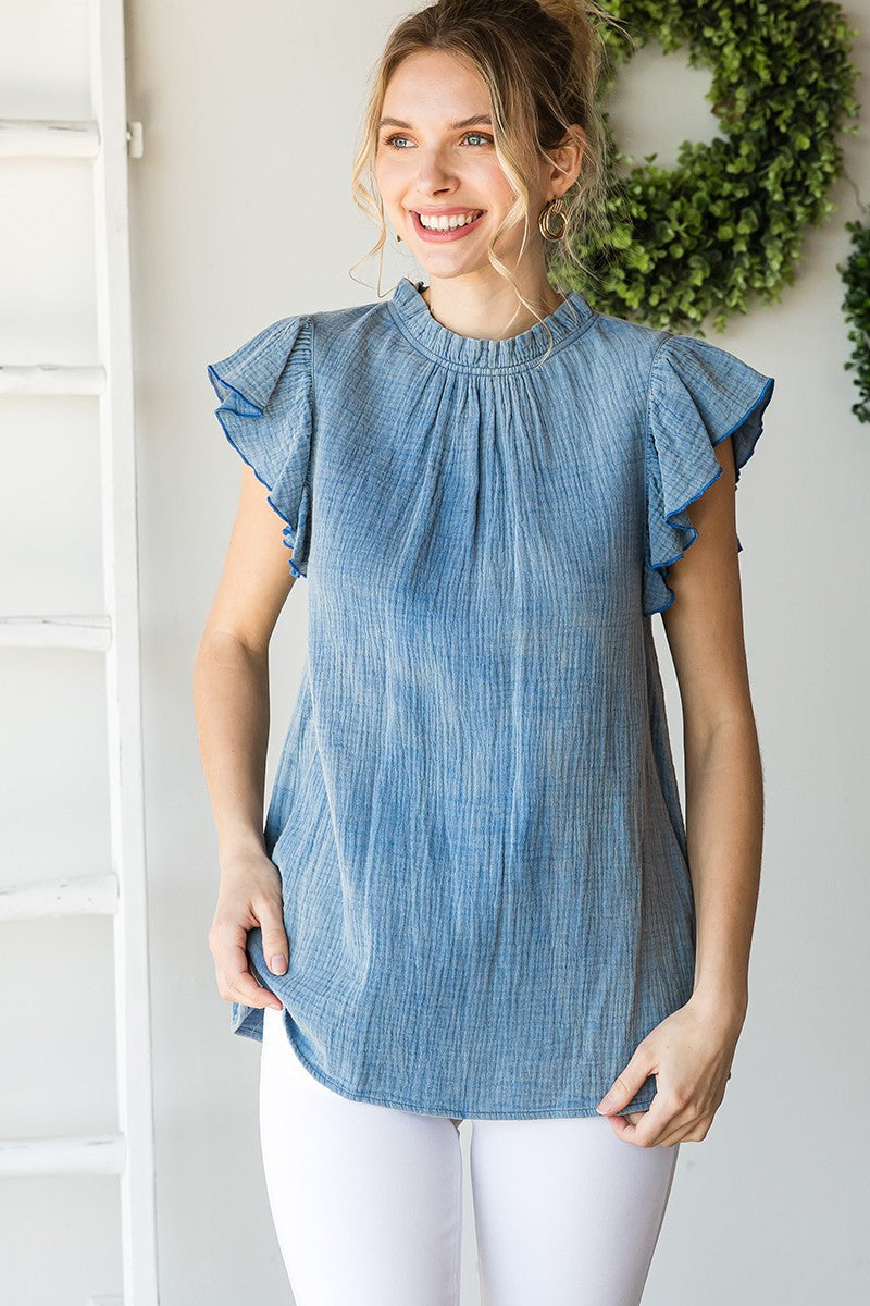 Womens Jodifl Blue Textured Light Washed Ruffle Cap Sleeve Top