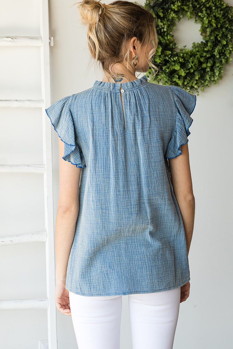 Womens Jodifl Blue Textured Light Washed Ruffle Cap Sleeve Top