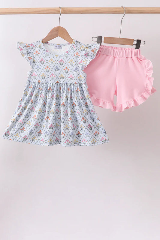 Girls Blue Floral Print Ruffle Bloomer Set