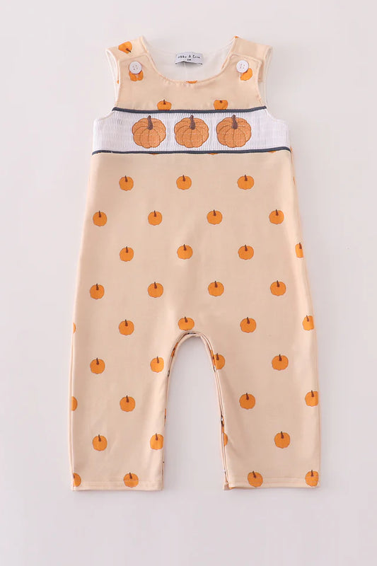 Boys Khaki Pumpkin Embroidery Smocked Jonjon