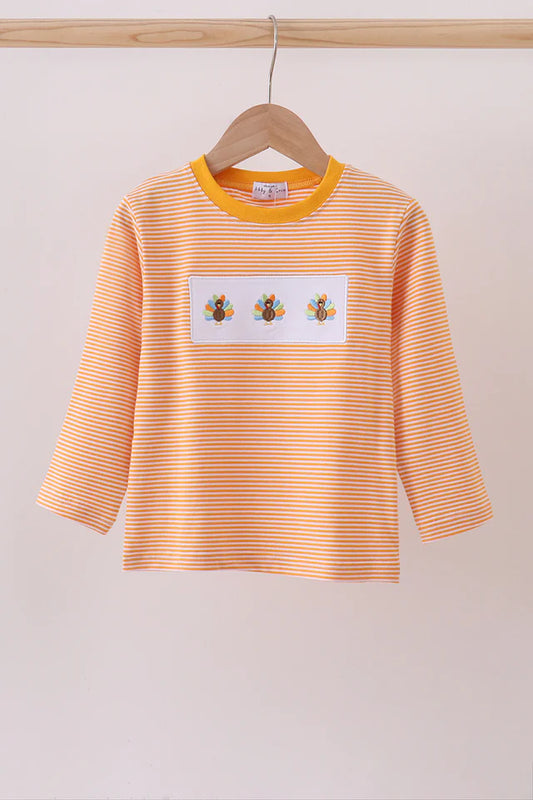 Boys Orange Turkey Embroidery Stripe Top
