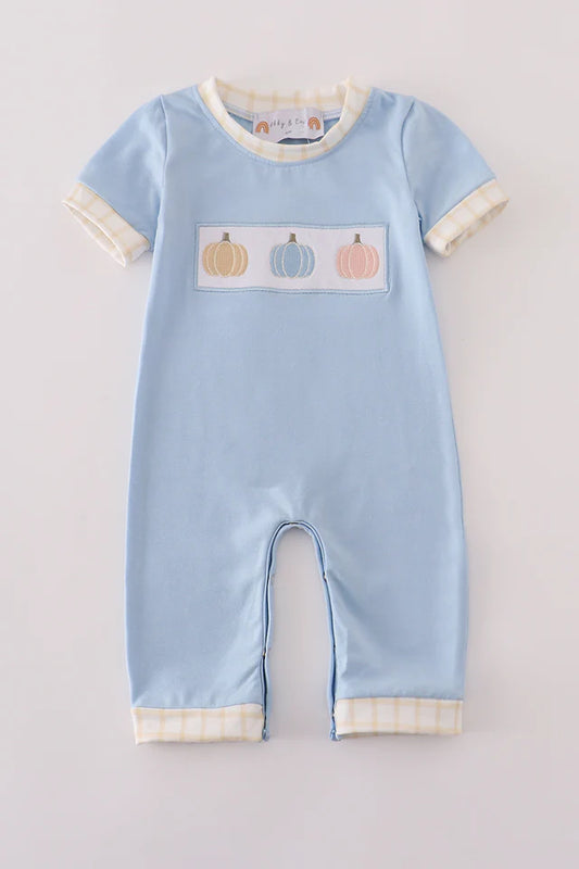 Boys Pumpkin Blue Embroidery Romper