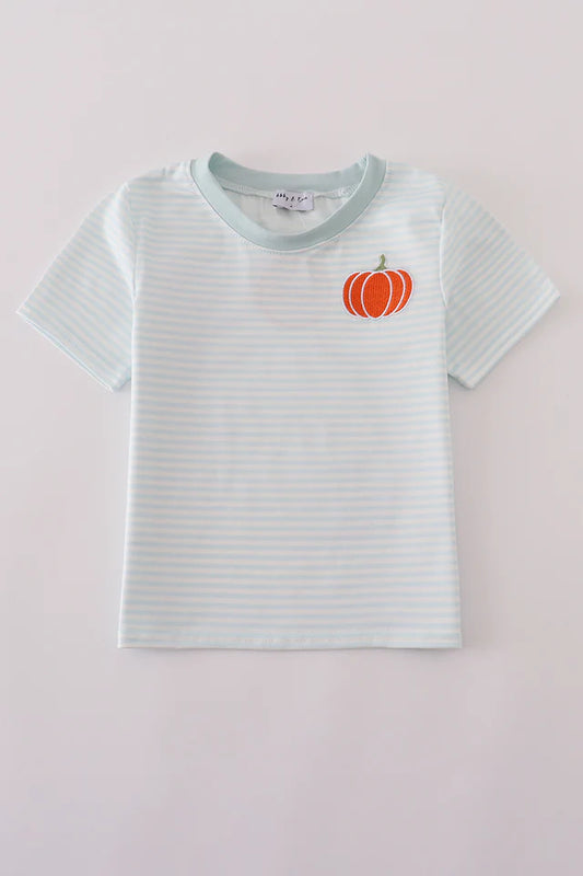 Boys Blue Pumpkin Embroidery Stripe Top
