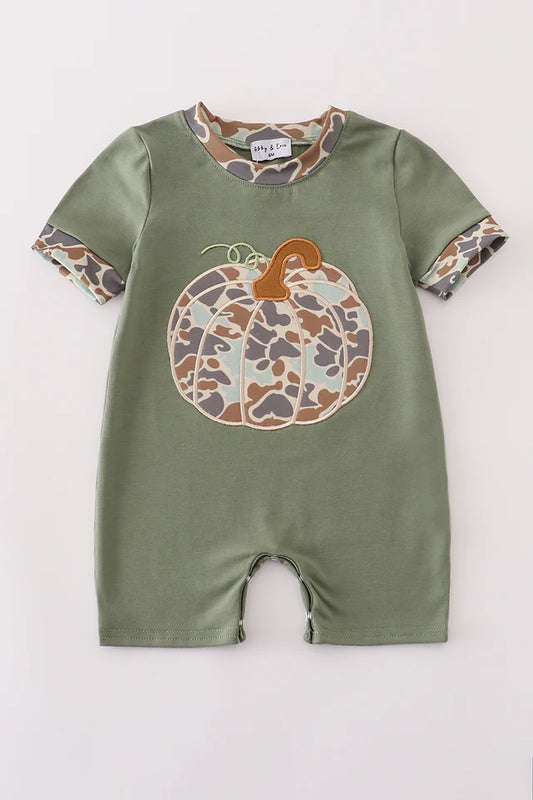 Boys Camouflage Print Pumpkin Applique Romper