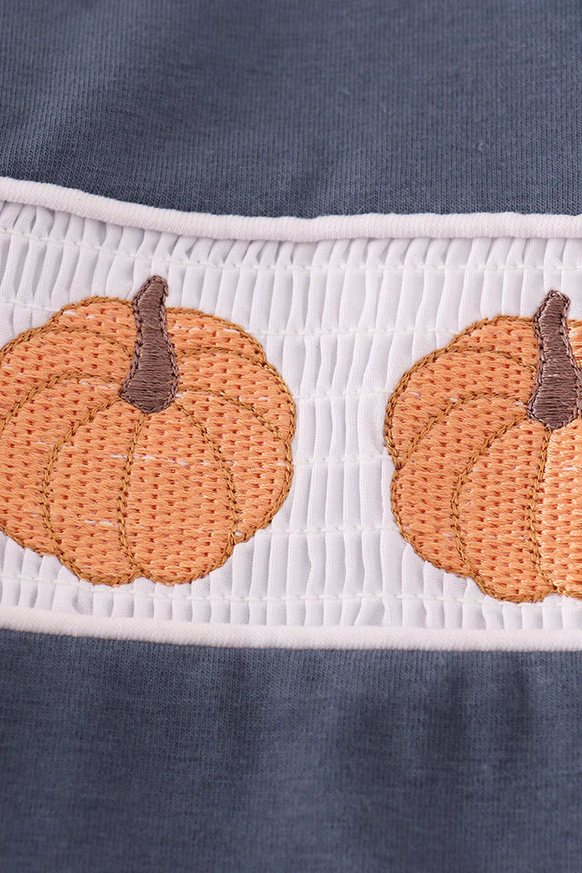 Boys Navy Pumpkin Embroidery Smocked Top