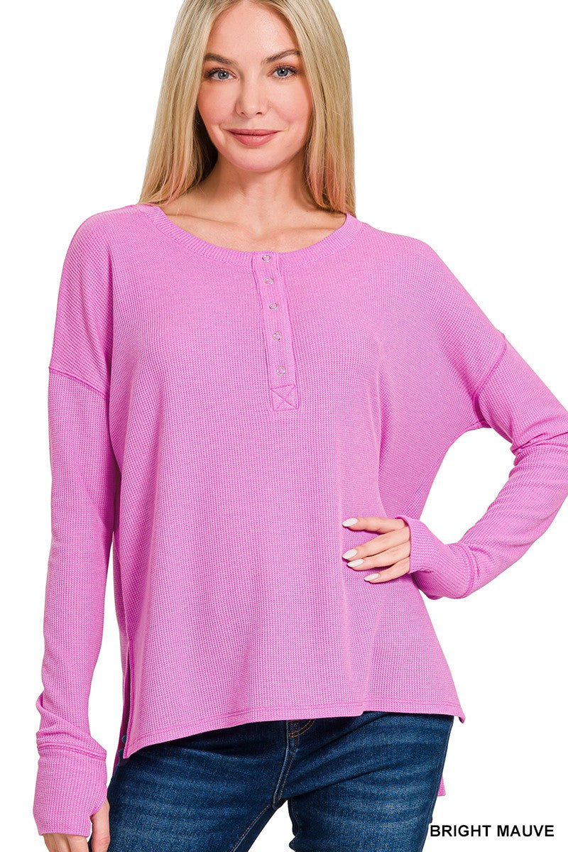 Womens Zenana Bright Mauve Waffle Thumb Hole Cuffs Henley Tee