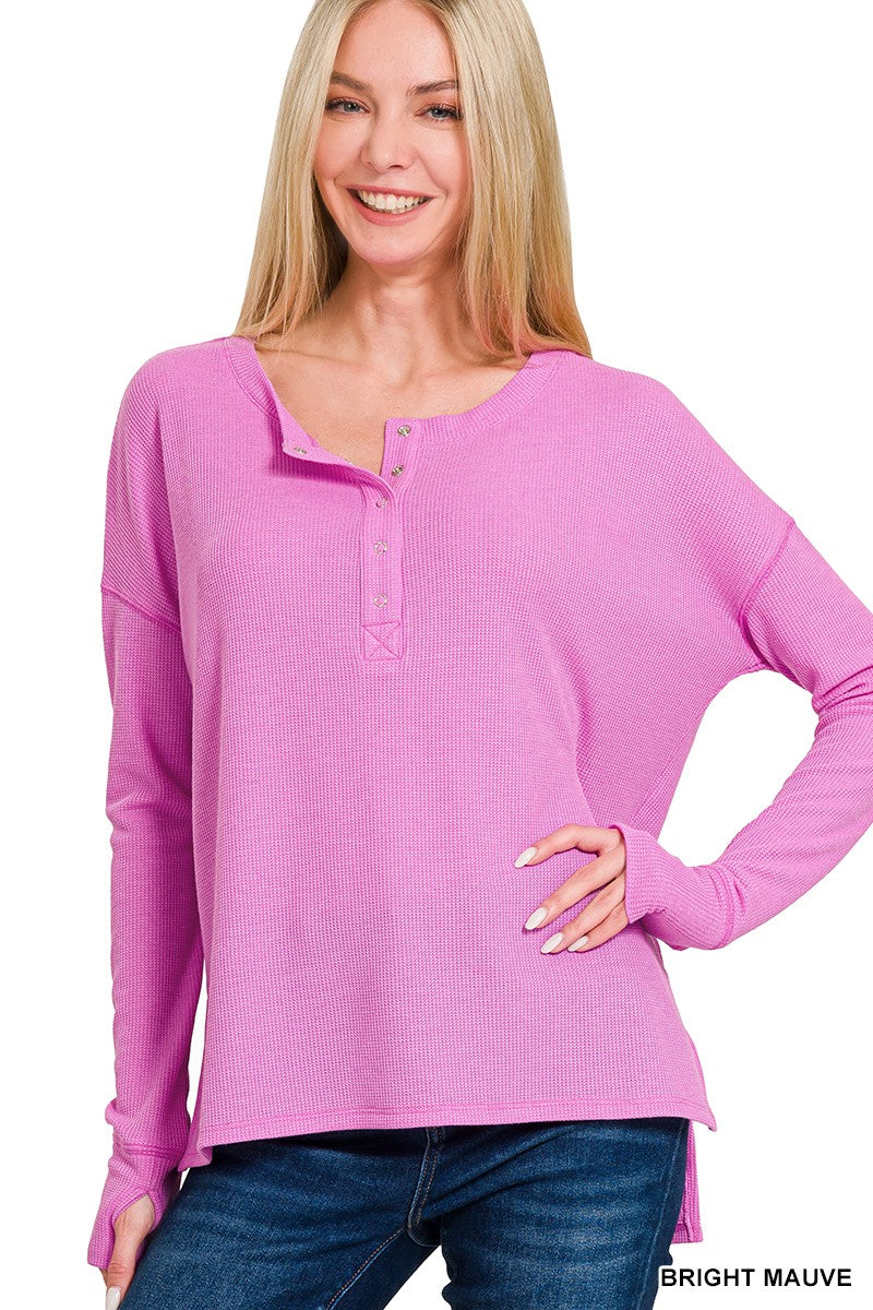 Womens Zenana Bright Mauve Waffle Thumb Hole Cuffs Henley Tee