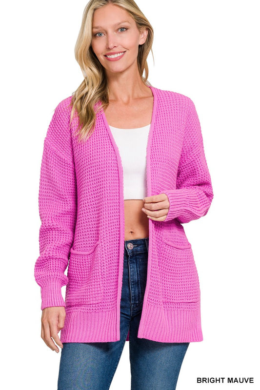 Womens Zenana Bright Mauve Low Gauge Waffle Open Cardigan Sweater