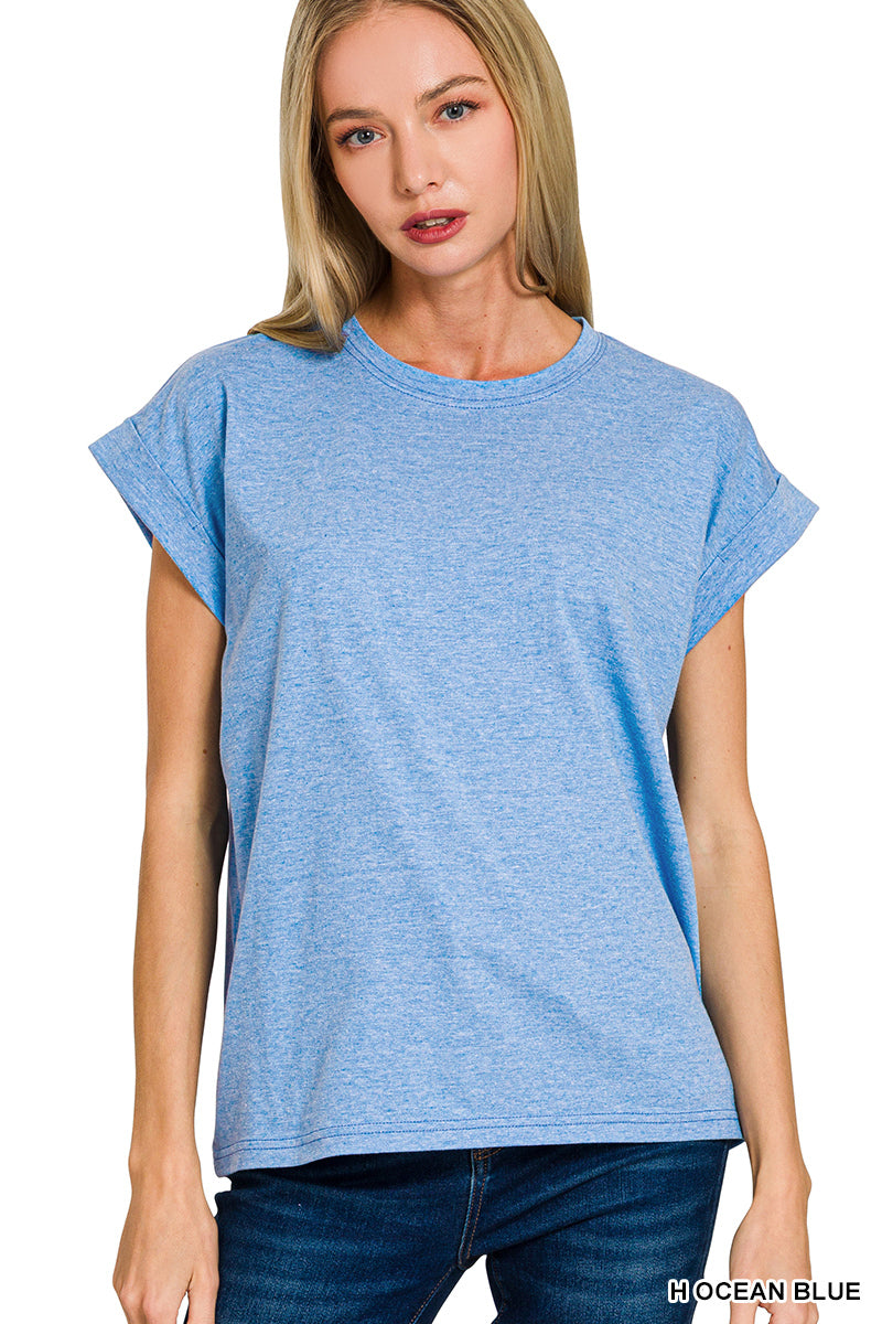 Womens Zenana Round Neck Folded Short Sleeve T-shirt H Ocean Blue