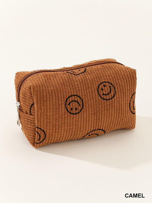 Zenana Camel Smiley Face Corduroy Cosmetic Pouch Bag