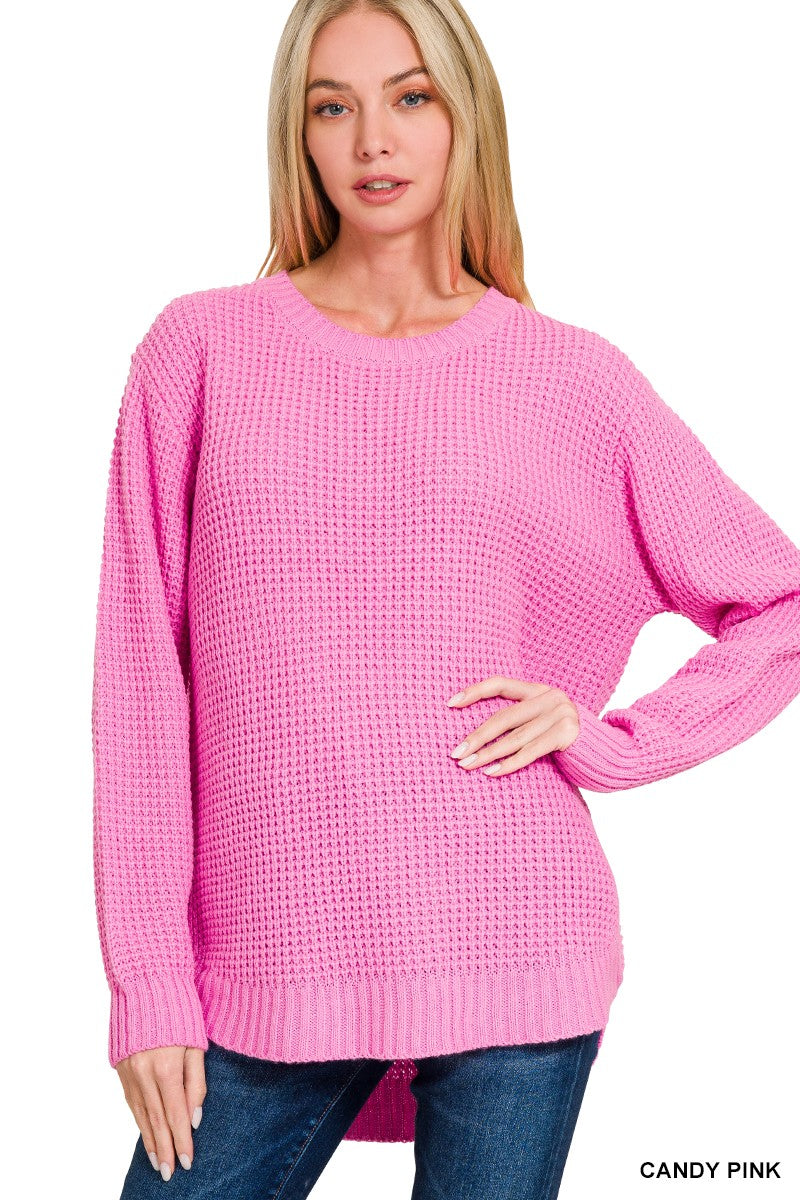 Womens Zenana Candy Pink Hi-How Long Sleeve Round Neck Waffle Sweater