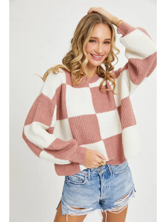 Womens Ivory Mauve Casual Soft Cozy Relaxed Fit Checker Knit Sweater