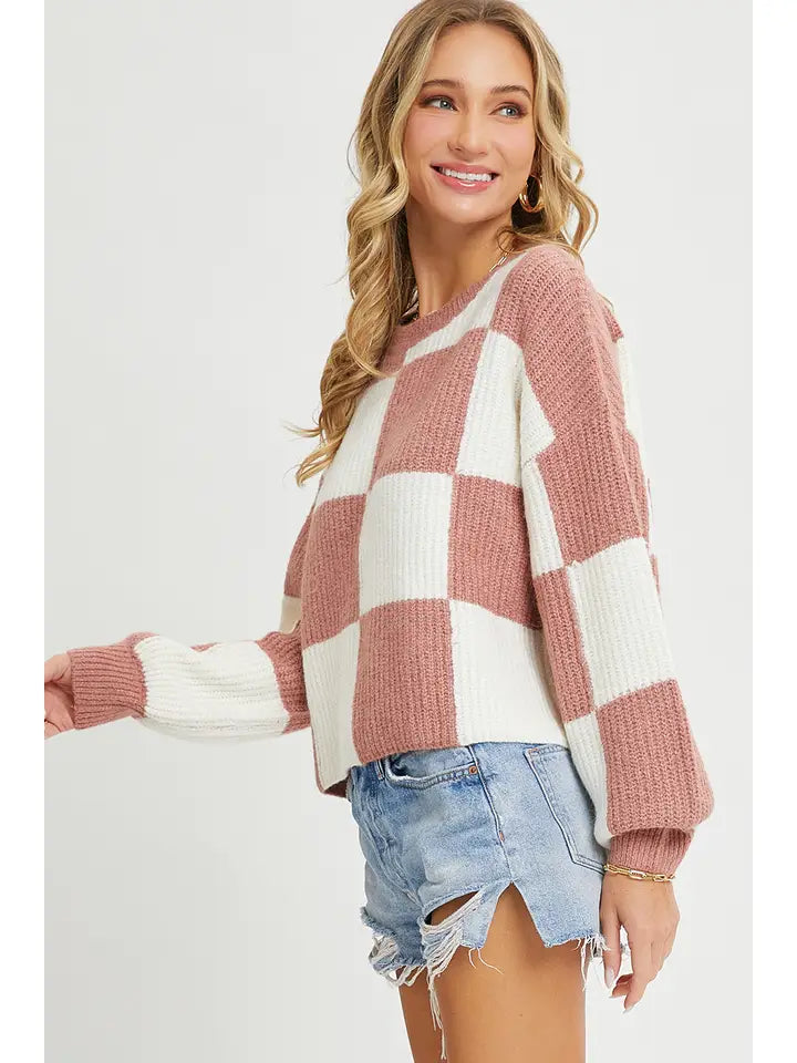 Womens Ivory Mauve Casual Soft Cozy Relaxed Fit Checker Knit Sweater