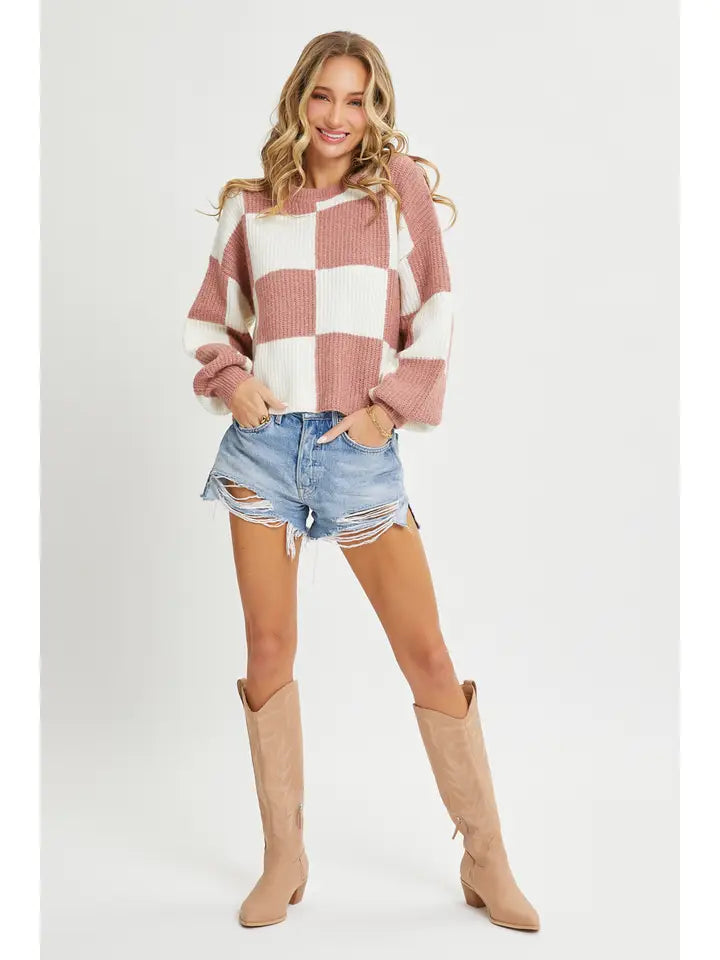 Womens Ivory Mauve Casual Soft Cozy Relaxed Fit Checker Knit Sweater
