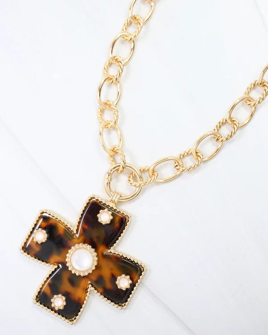 Caroline Hill Cayce Large Cross Charm Necklace Tortoise