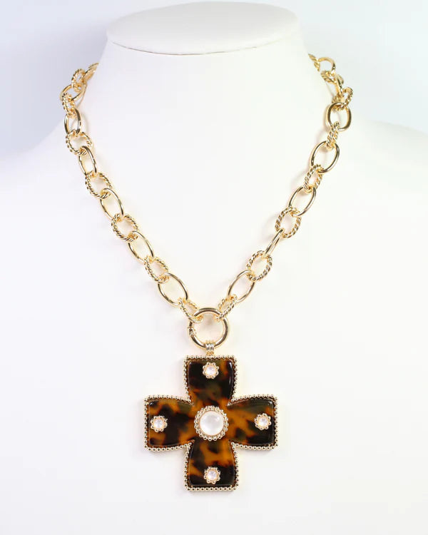 Caroline Hill Cayce Large Cross Charm Necklace Tortoise