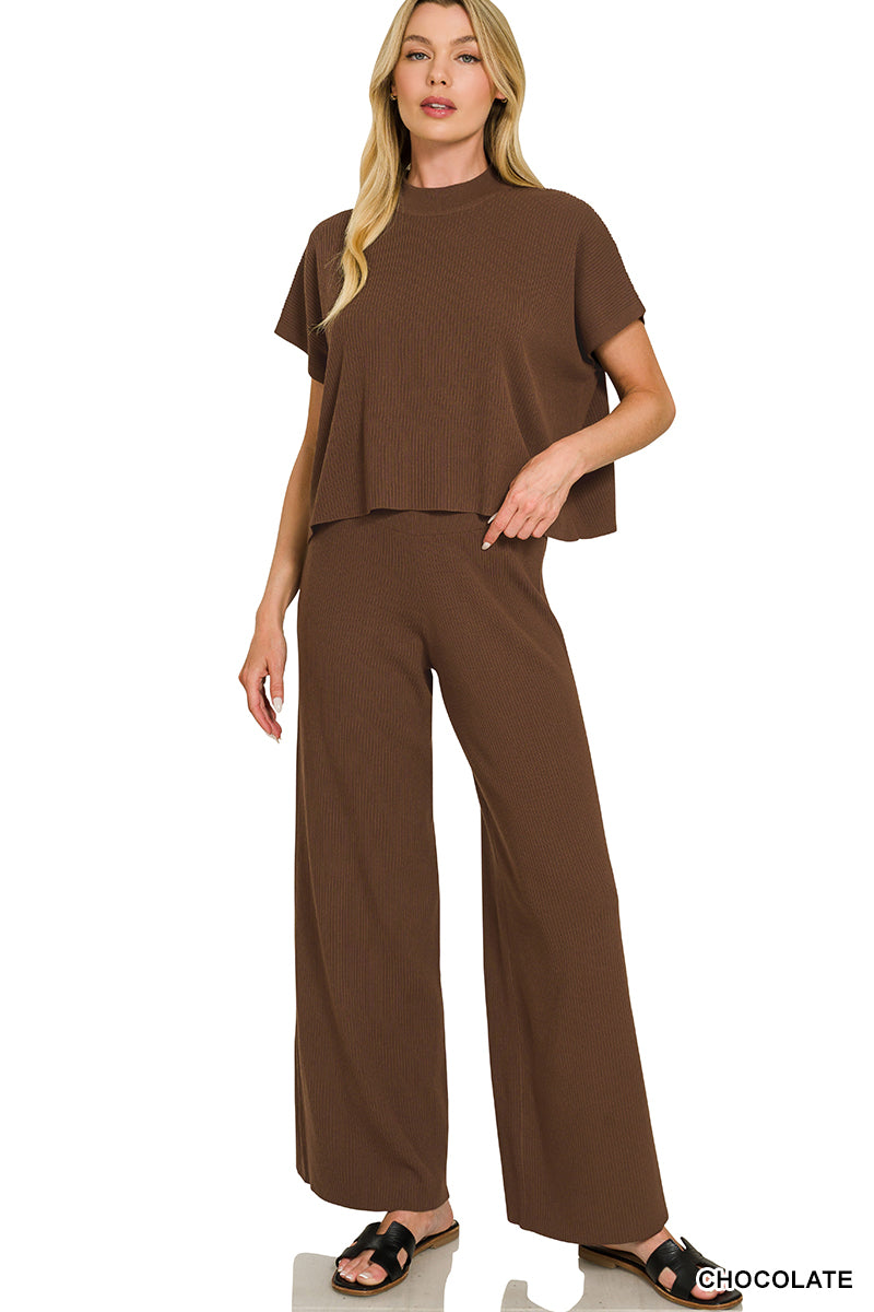 Womens Zenana Chocolate Viscose Sweater Short Sleeve Top & Pants 2pc Set