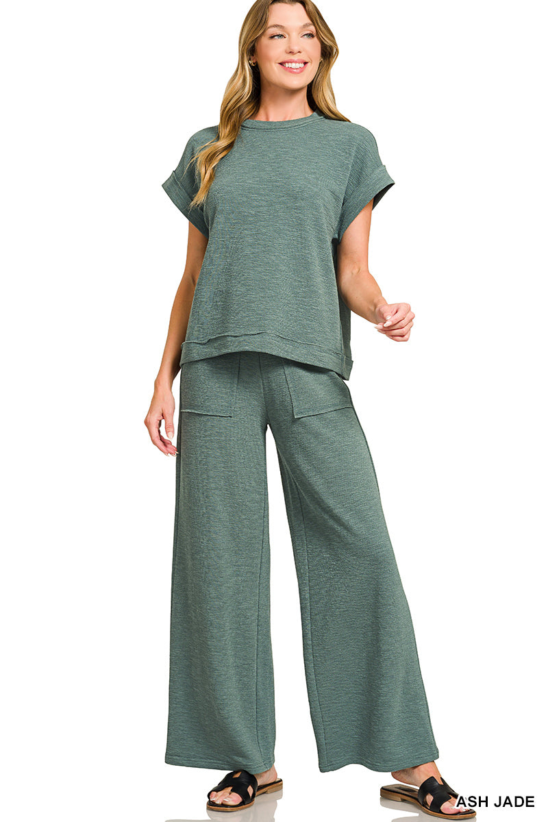 Cotton Slub Short Sleeve Tee & Long Pants Set Ash Jade