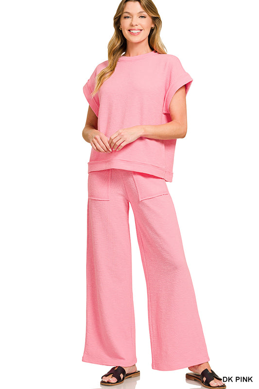 Cotton Slub Short Sleeve Tee & Long Pants Set Dk Pink