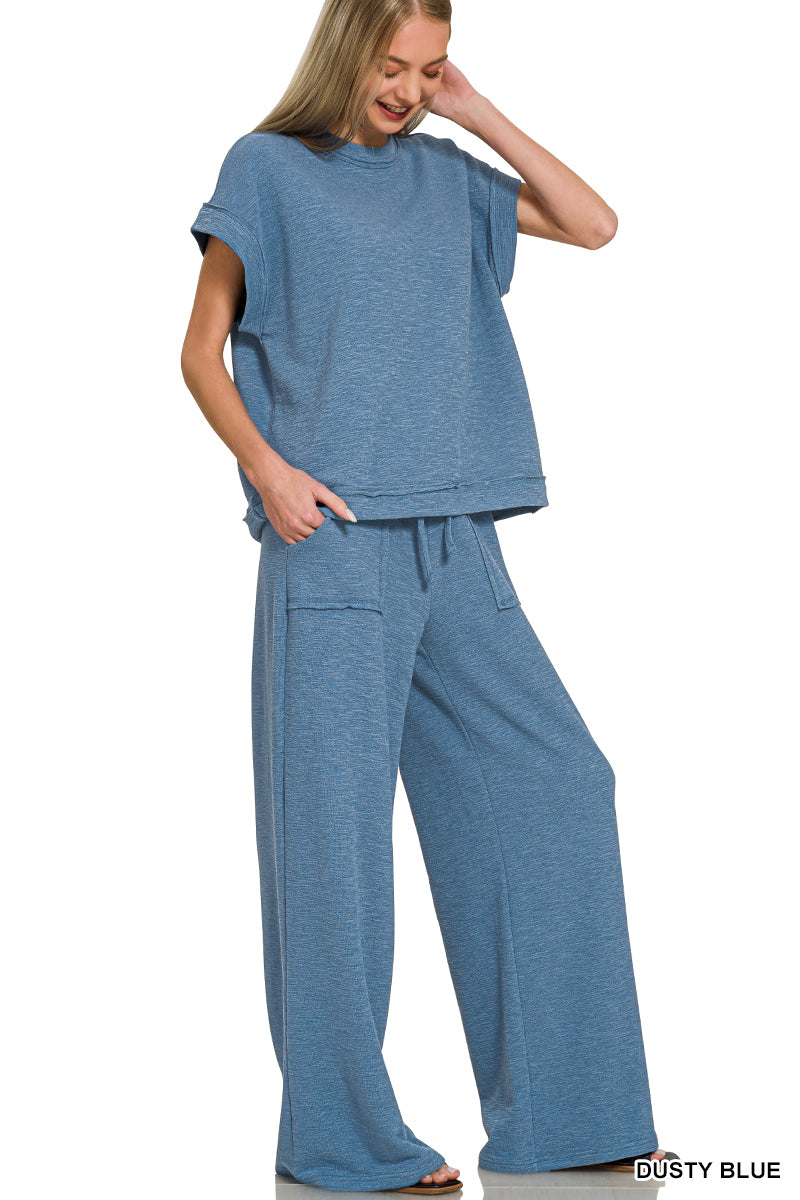 Cotton Slub Short Sleeve Tee & Long Pants Set Dusty Blue