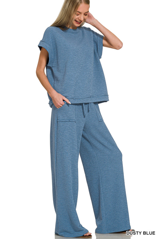 Cotton Slub Short Sleeve Tee & Long Pants Set Dusty Blue