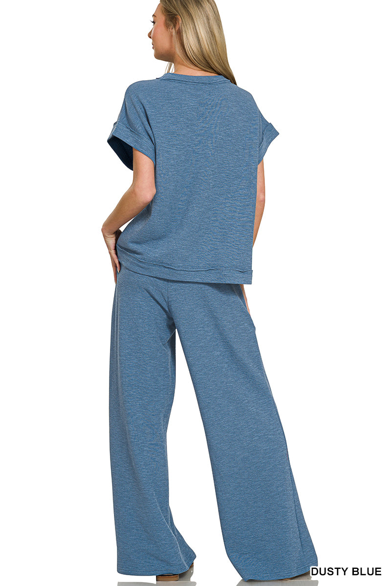 Cotton Slub Short Sleeve Tee & Long Pants Set Dusty Blue