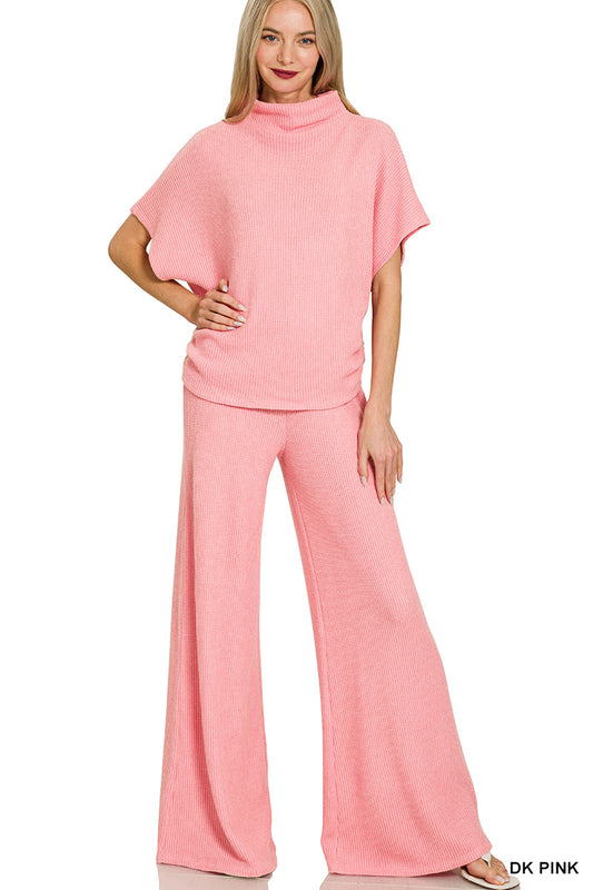 Womens Zenana Dark Pink Sweater Mock Neck Short Sleeve Top & Long Pants Set