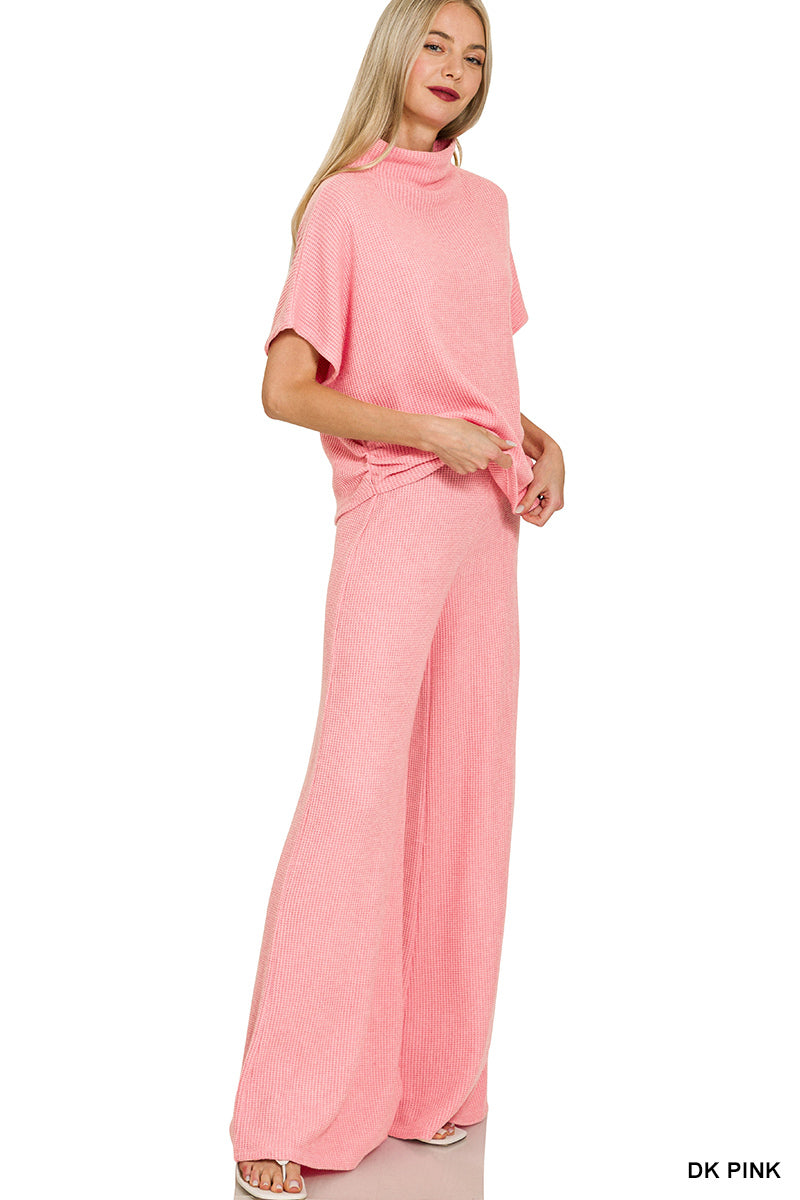 Womens Zenana Dark Pink Sweater Mock Neck Short Sleeve Top & Long Pants Set