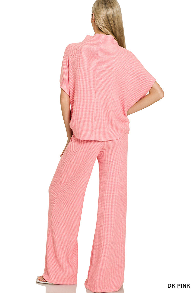 Womens Zenana Dark Pink Sweater Mock Neck Short Sleeve Top & Long Pants Set
