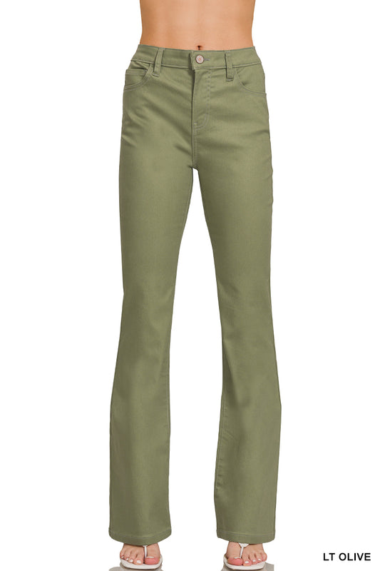 Zenana Light Olive High-Rise Bootcut Color Denim Pants