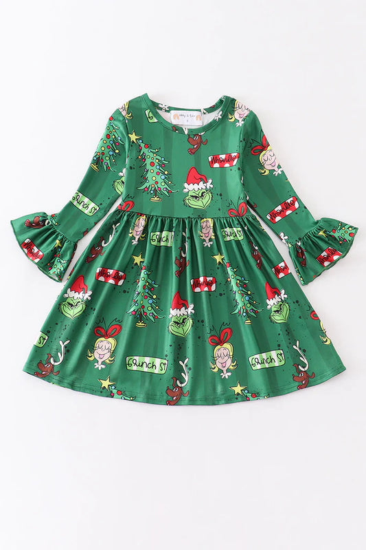 Girls Green Christmas Grinch Print Dress