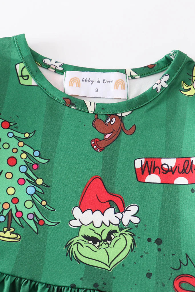 Girls Green Christmas Grinch Print Dress