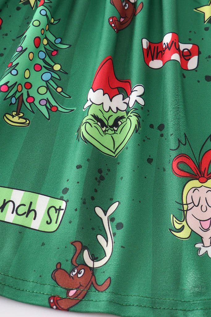 Girls Green Christmas Grinch Print Dress