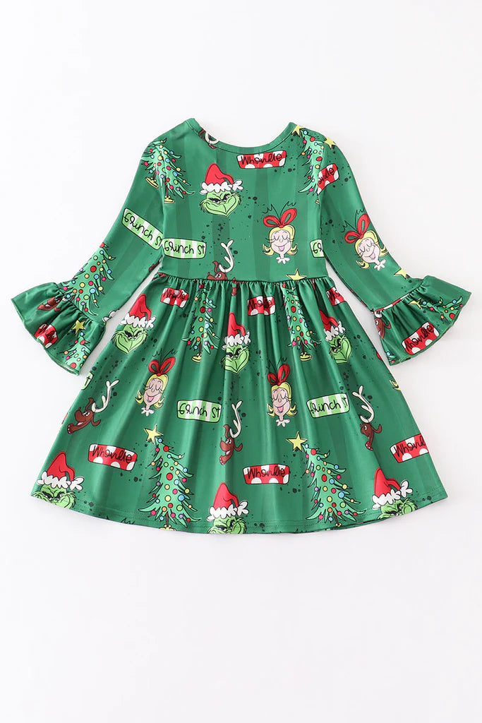 Girls Green Christmas Grinch Print Dress