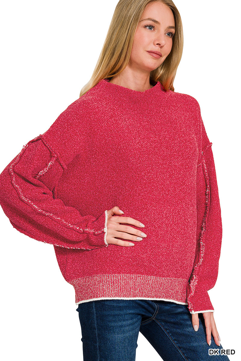 Womens Zenana Dark Red Oversized Mock Neck Raw Seam Chenille Sweater