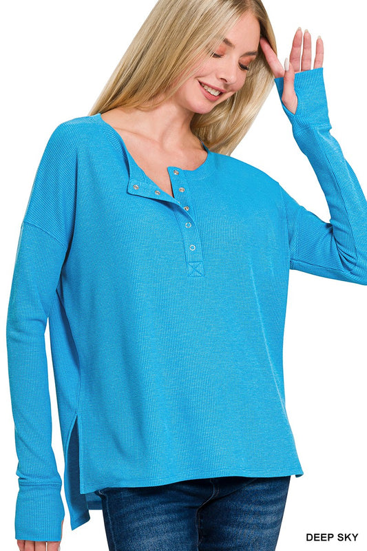 Womens Zenana Deep Sky Waffle Thumb Hole Cuffs Henley Tee