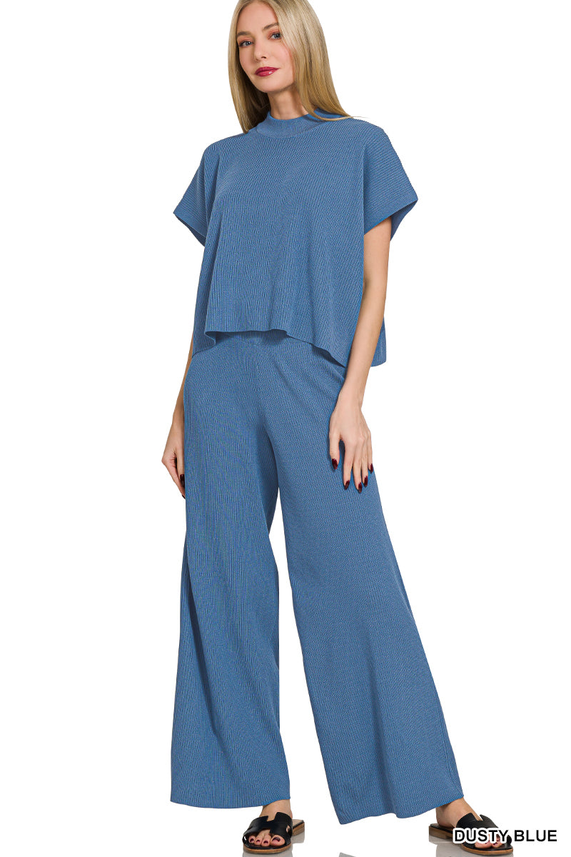 Womens Zenana Dusty Blue Viscose Sweater Short Sleeve Top & Pants 2pc Set