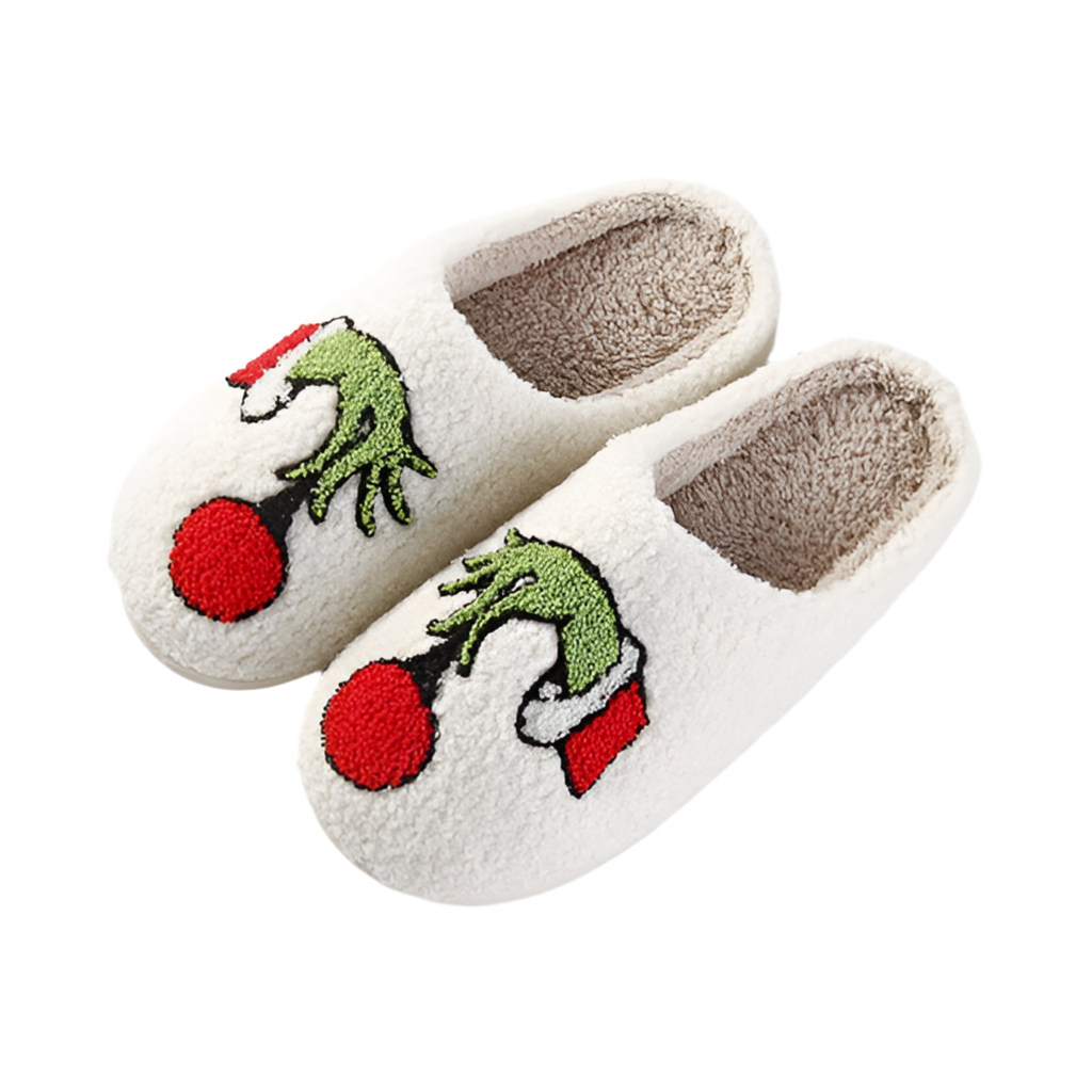 Fluffy Christmas Slippers, Grinch Hand